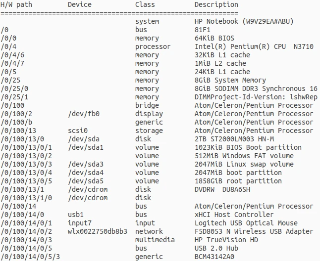 Output using lshw -short command